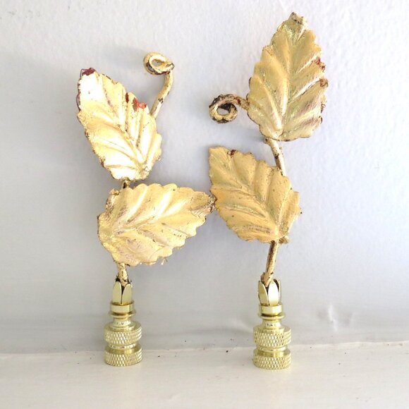 Vintage Italian Tole Leaf Lamp Finials Gold Leaf Patina Pair